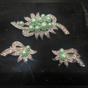 Vintage Rhinestone and Faux Green Pearl Brooch & Clip Earrings — Silver